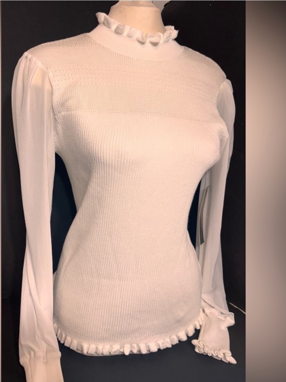Almost Famous White Mock Neck Knit Top with Ruffle Trim & Chiffon Sleeves size L